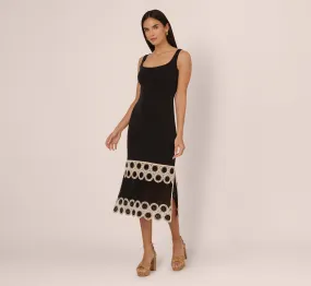 Crochet Trimmed Sheath Midi Dress With Tank Straps In Black Ecru