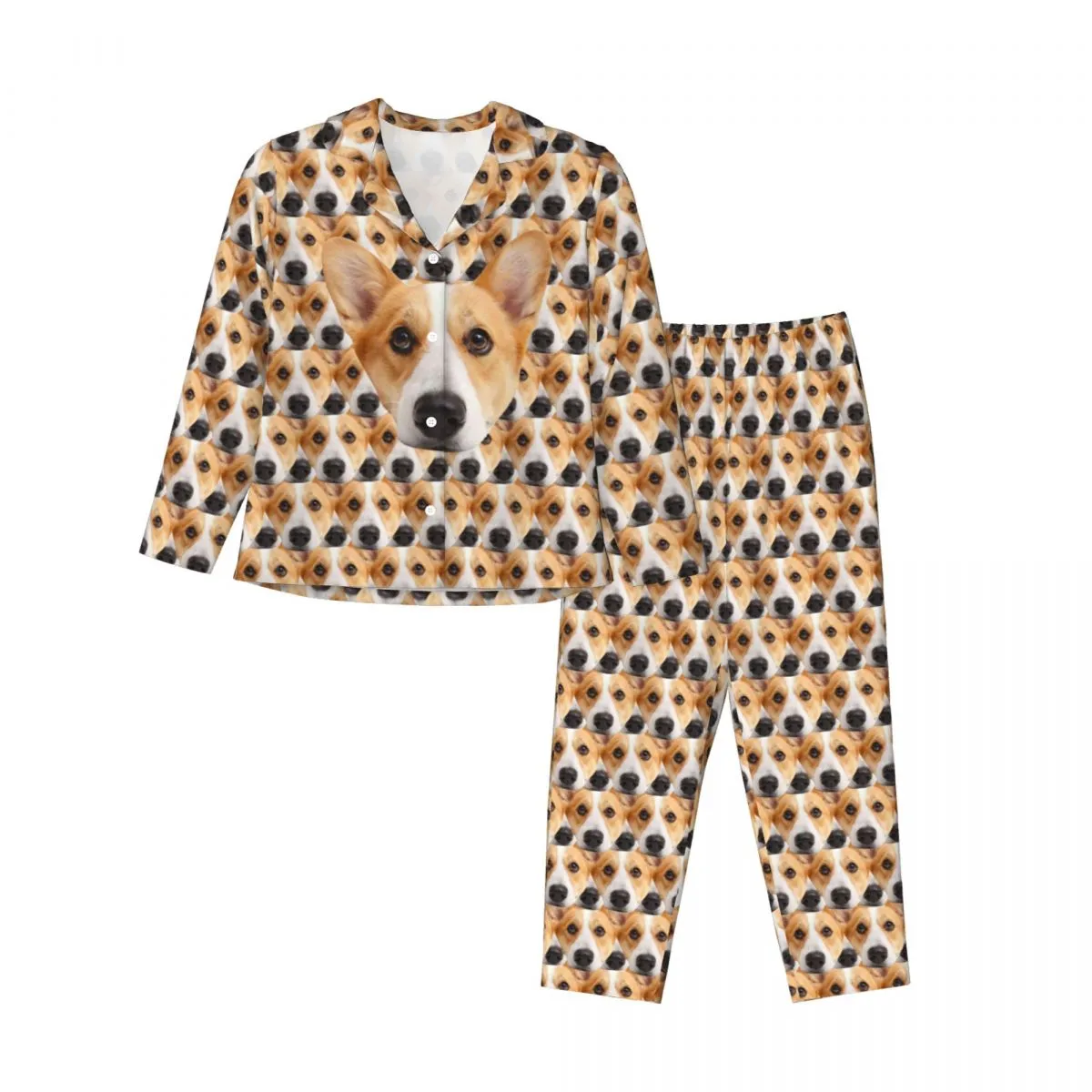 Custom Dog Face Seamless Long Sleeve Cardigan Pajama Set