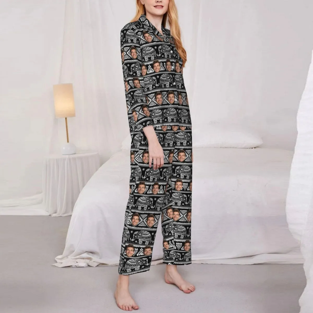 Custom Face Elephant Pattern Long Sleeve Cardigan Pajama Set - Black