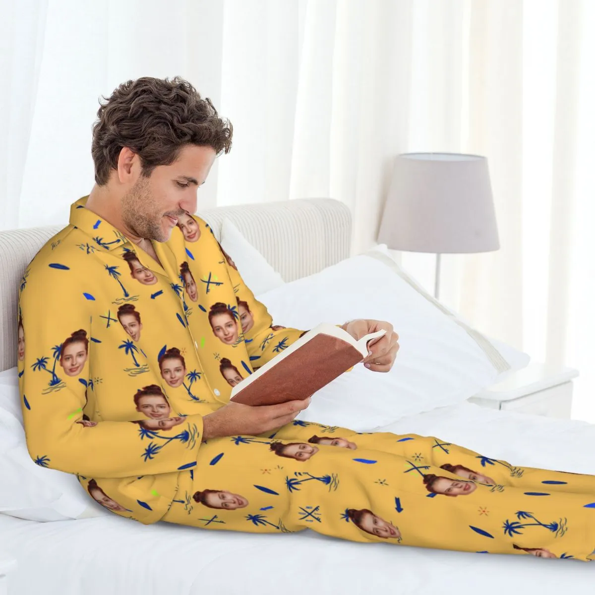 Custom Face Palm Tree Long Sleeve Cardigan Pajama Set - Yellow