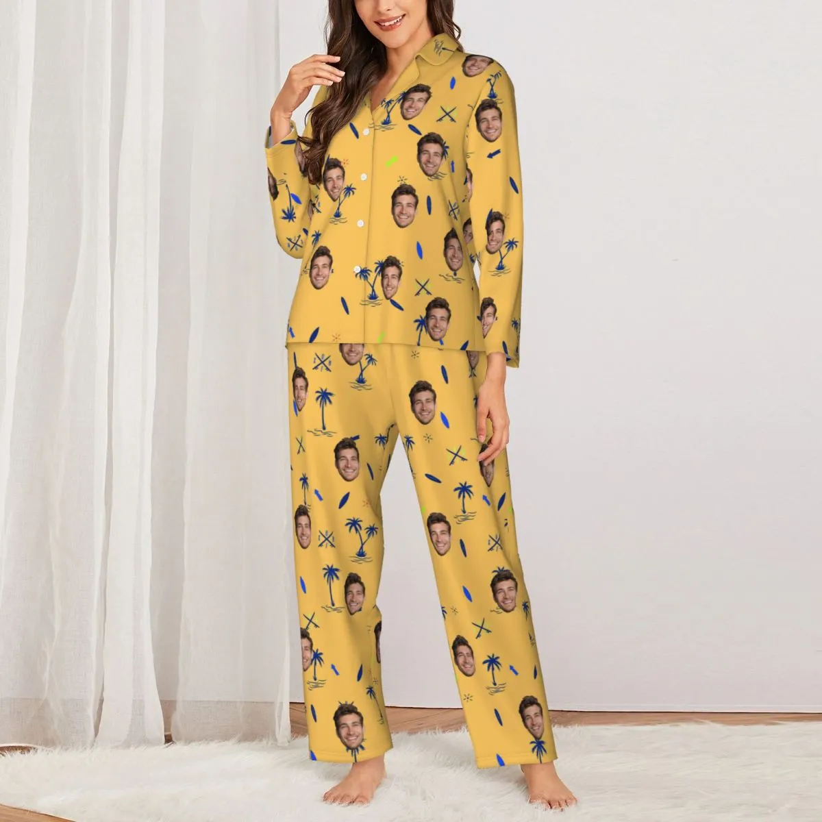 Custom Face Palm Tree Long Sleeve Cardigan Pajama Set - Yellow