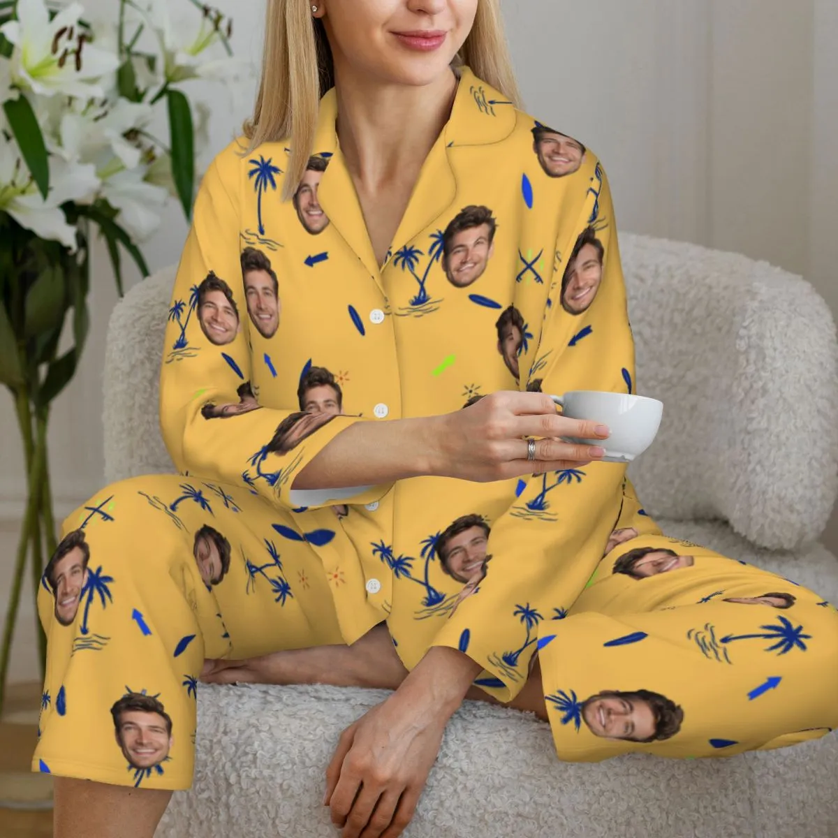 Custom Face Palm Tree Long Sleeve Cardigan Pajama Set - Yellow