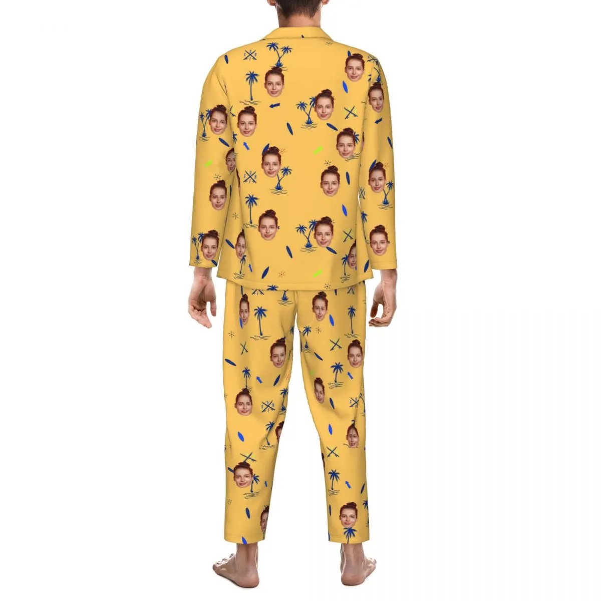 Custom Face Palm Tree Long Sleeve Cardigan Pajama Set - Yellow