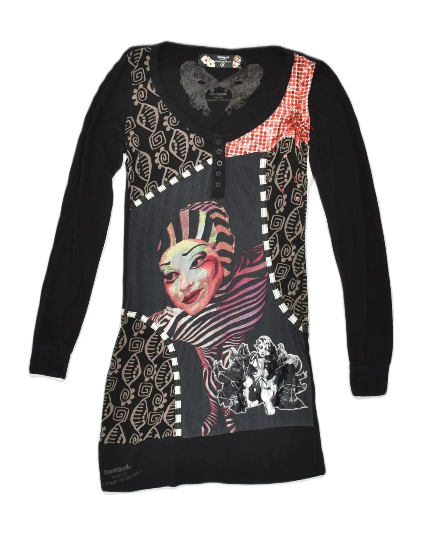 DESIGUAL Womens Long Sleeve Graphic T-Shirt Dress UK 12 Medium Black