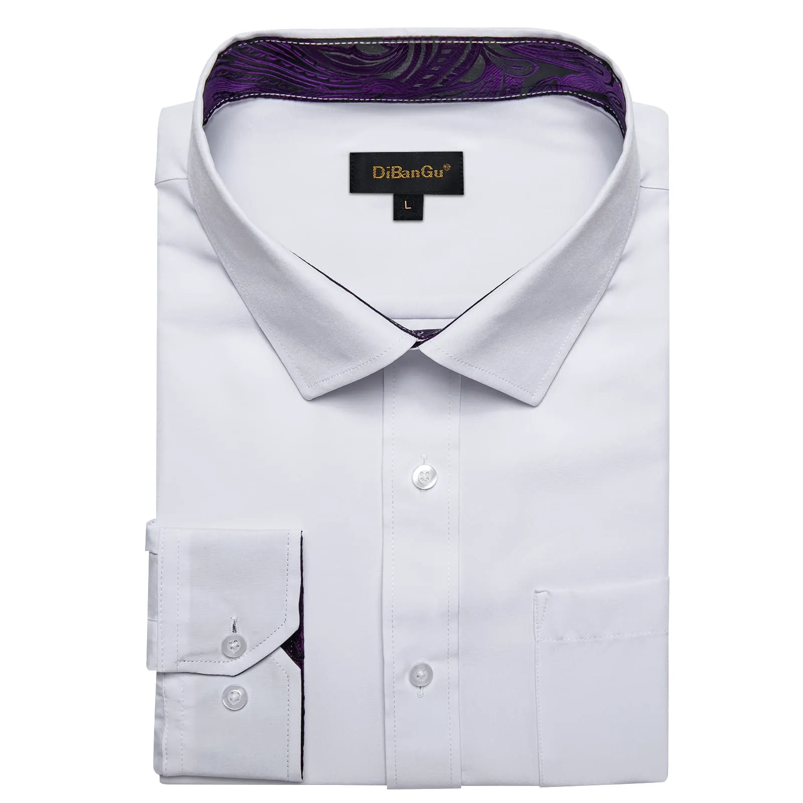 DiBanGu White Solid Splicing Purple Paisley Silk Mens Long Sleeve Shirt