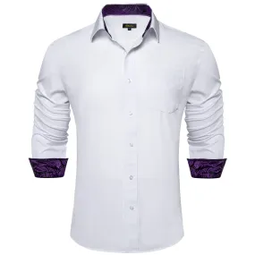 DiBanGu White Solid Splicing Purple Paisley Silk Mens Long Sleeve Shirt