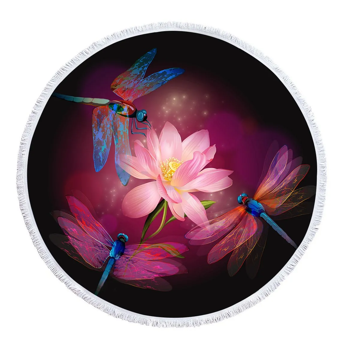 Dragonflies and Lotus Round Beach Towel