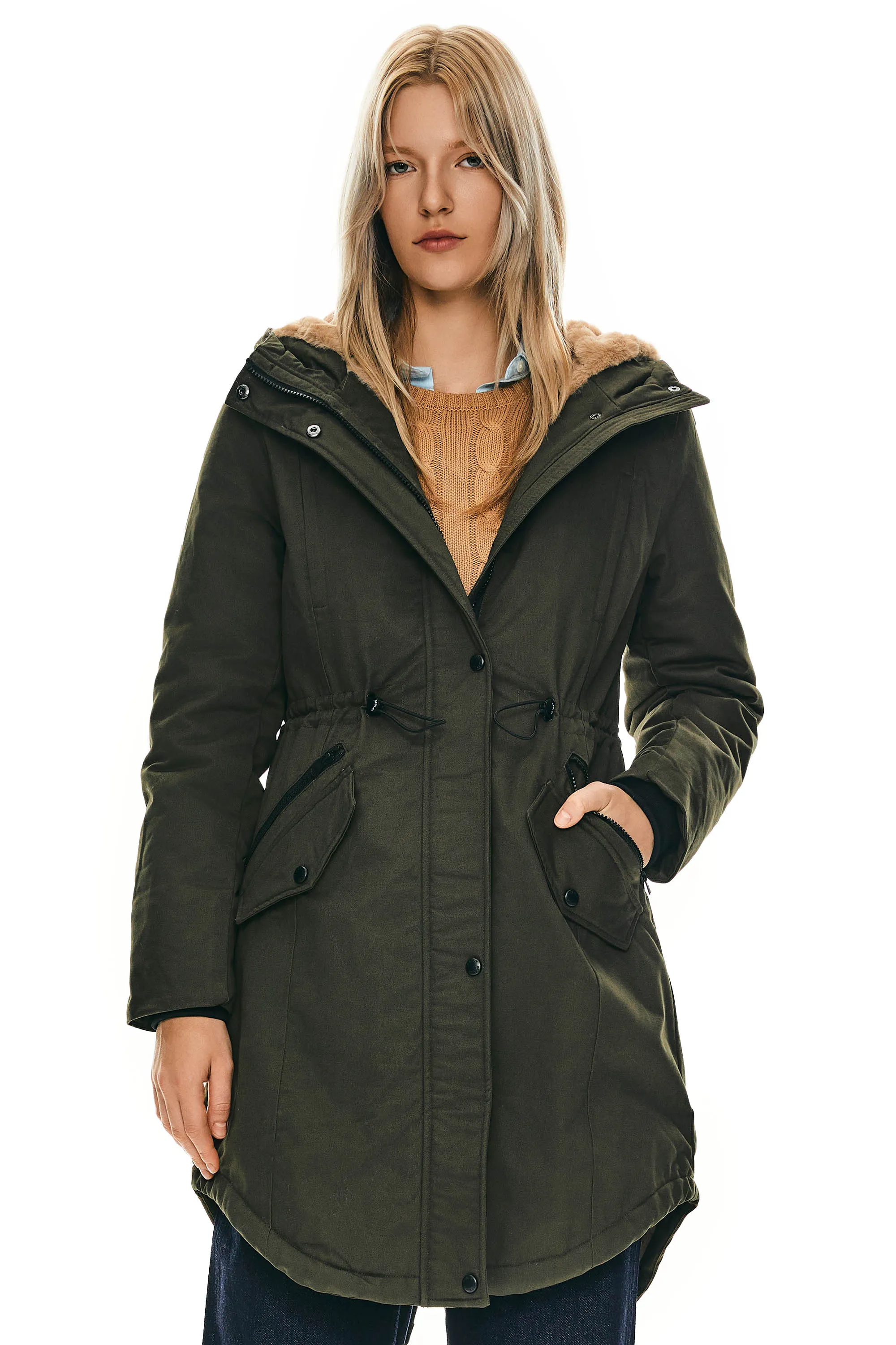 Drawstring Waist Fleece-Lined Parka