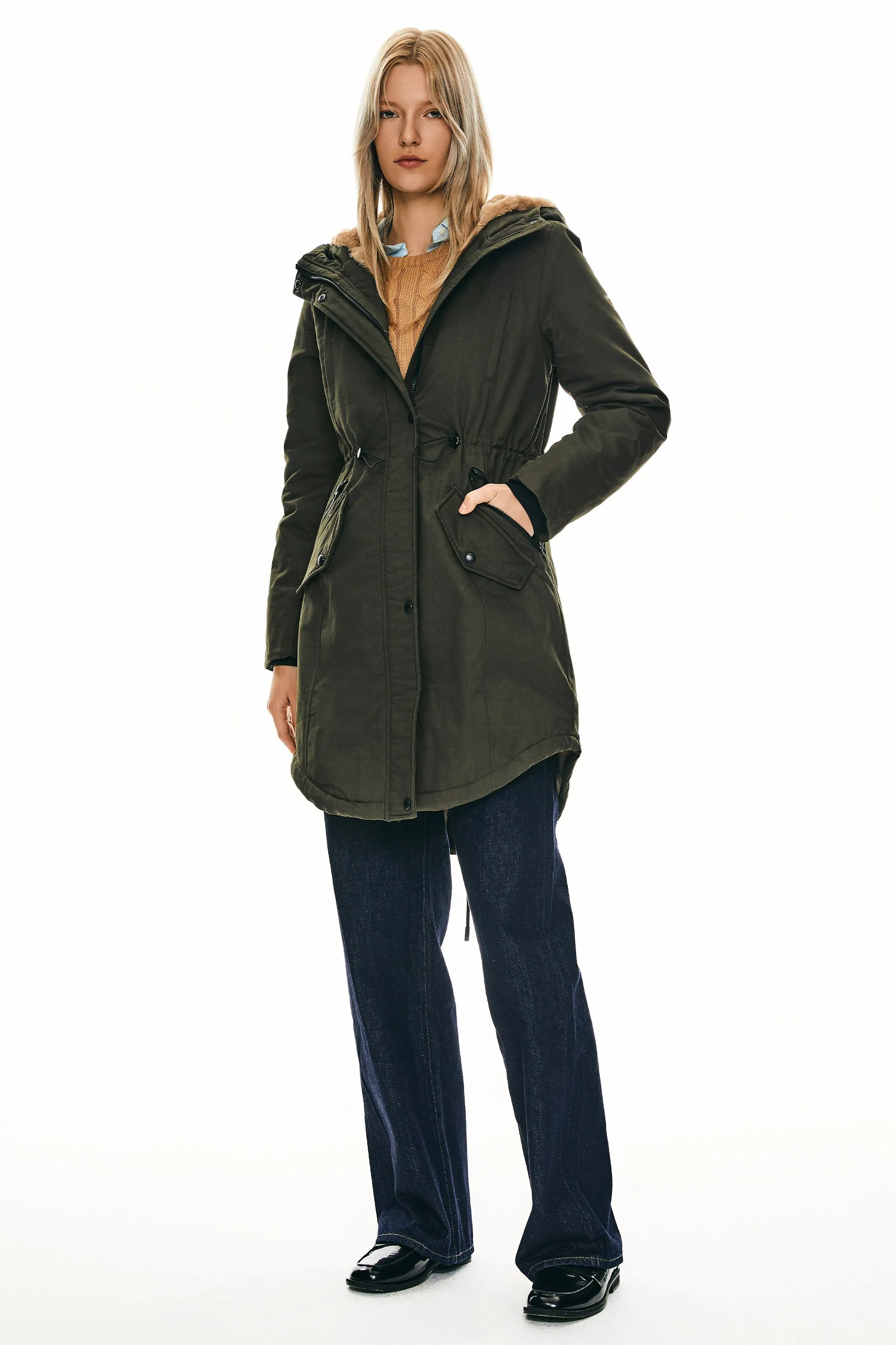 Drawstring Waist Fleece-Lined Parka