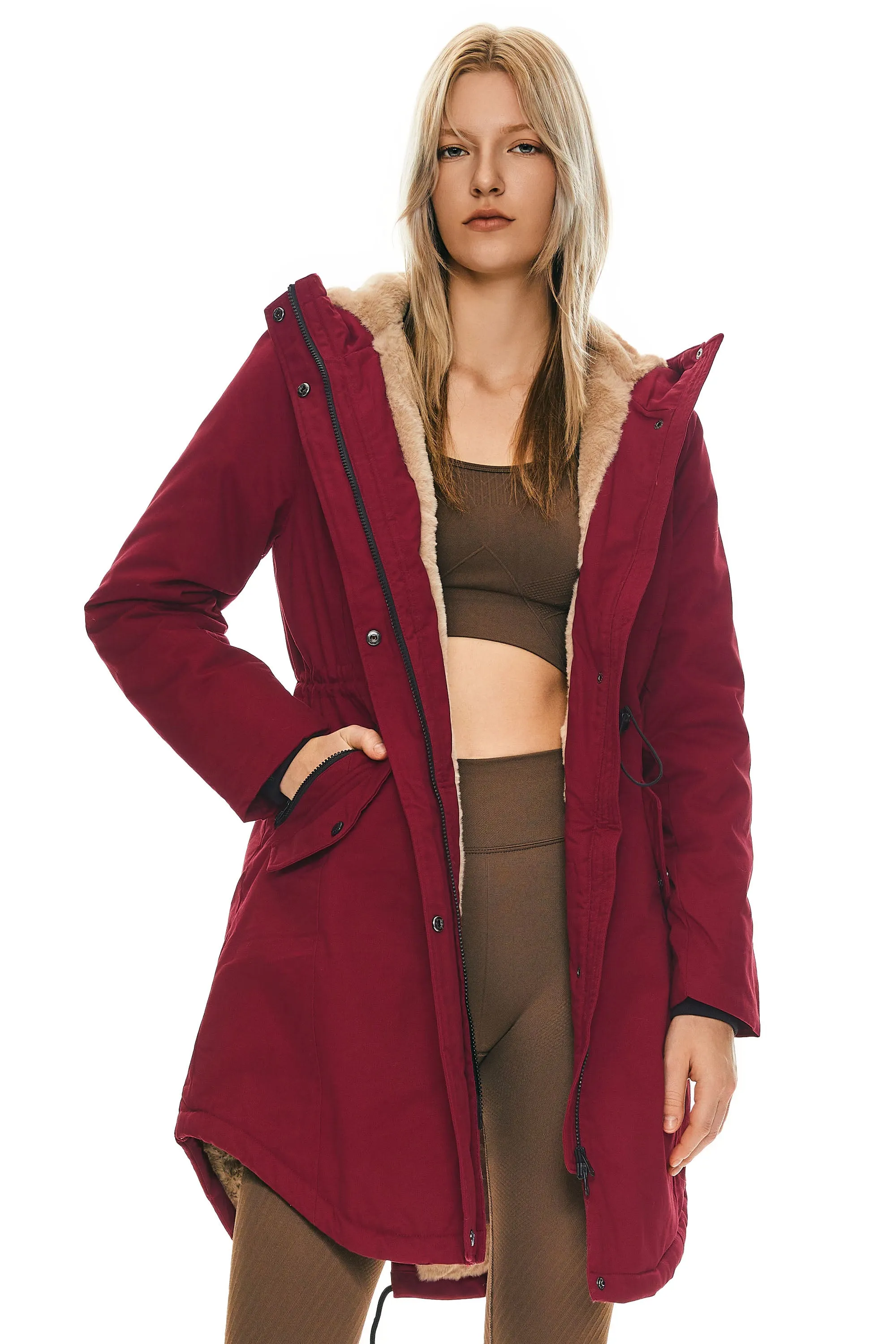 Drawstring Waist Fleece-Lined Parka