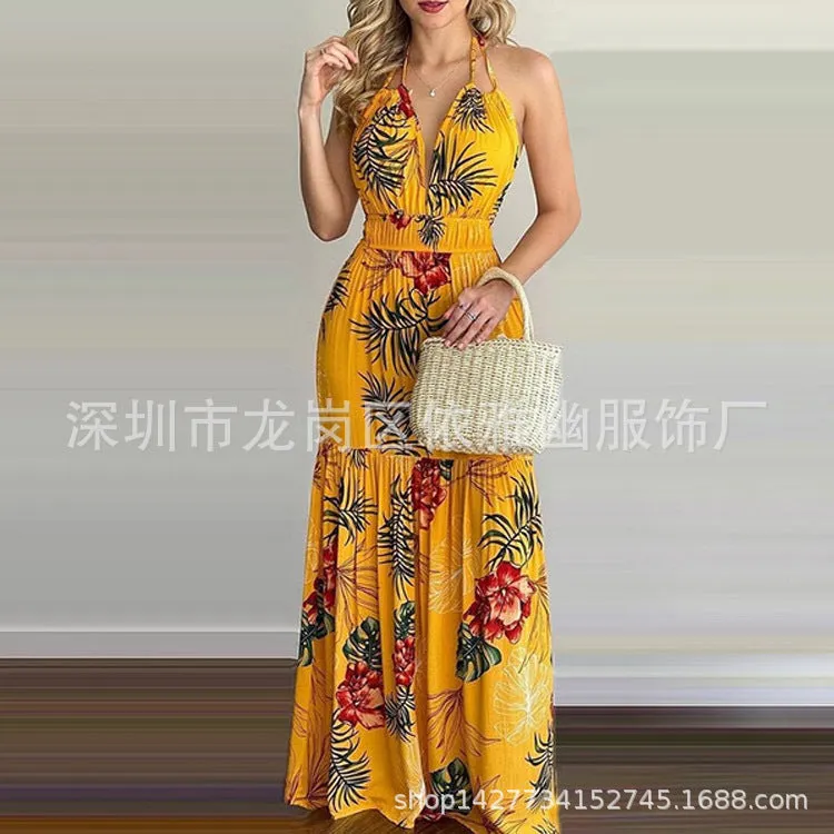 DUNNMALL  EBay Popular  European American Summer New Printing Backless Maxi Dress Cross-Border in Stock