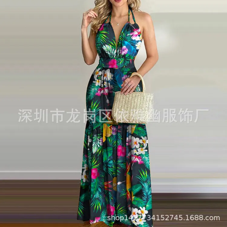 DUNNMALL  EBay Popular  European American Summer New Printing Backless Maxi Dress Cross-Border in Stock