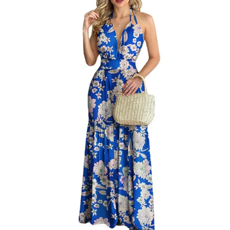 DUNNMALL  EBay Popular  European American Summer New Printing Backless Maxi Dress Cross-Border in Stock