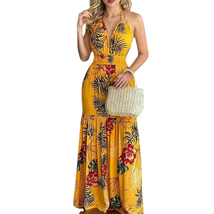 DUNNMALL  EBay Popular  European American Summer New Printing Backless Maxi Dress Cross-Border in Stock