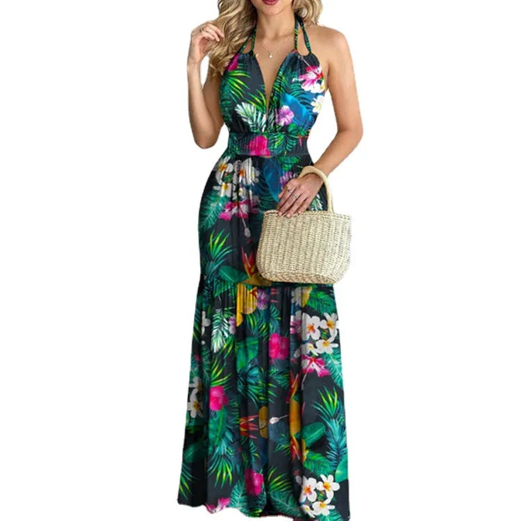 DUNNMALL  EBay Popular  European American Summer New Printing Backless Maxi Dress Cross-Border in Stock