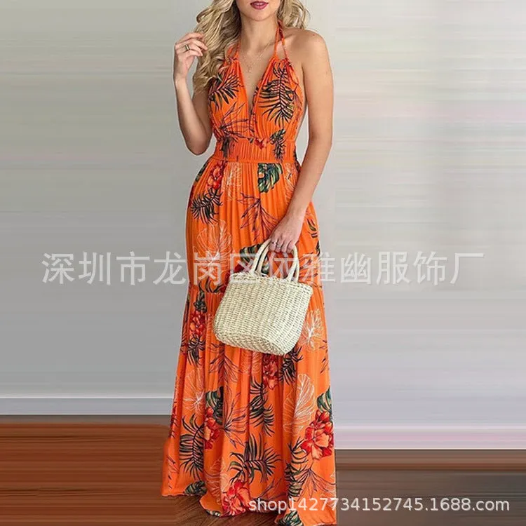 DUNNMALL  EBay Popular  European American Summer New Printing Backless Maxi Dress Cross-Border in Stock