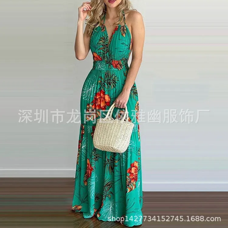 DUNNMALL  EBay Popular  European American Summer New Printing Backless Maxi Dress Cross-Border in Stock