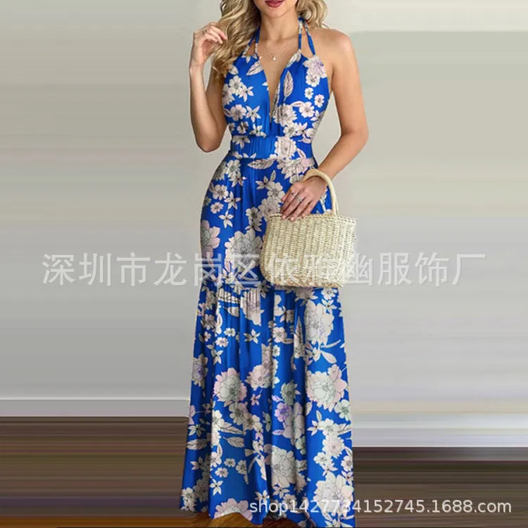 DUNNMALL  EBay Popular  European American Summer New Printing Backless Maxi Dress Cross-Border in Stock