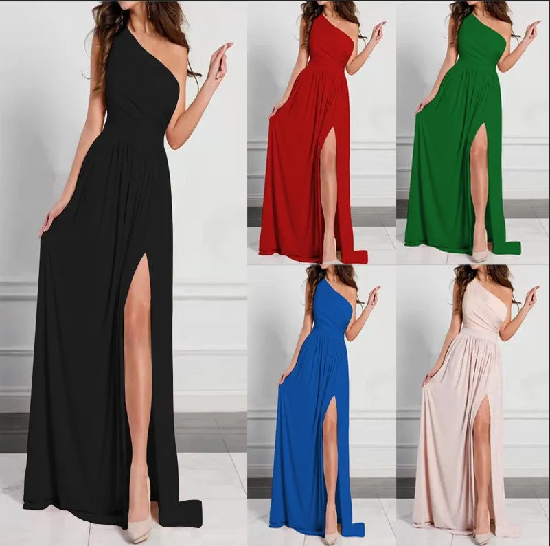 DUNNMALL  Independent Station AliExpress  New Sloping Shoulder Dress Elegance Sleeveless Sexy Split Maxi Dress Female