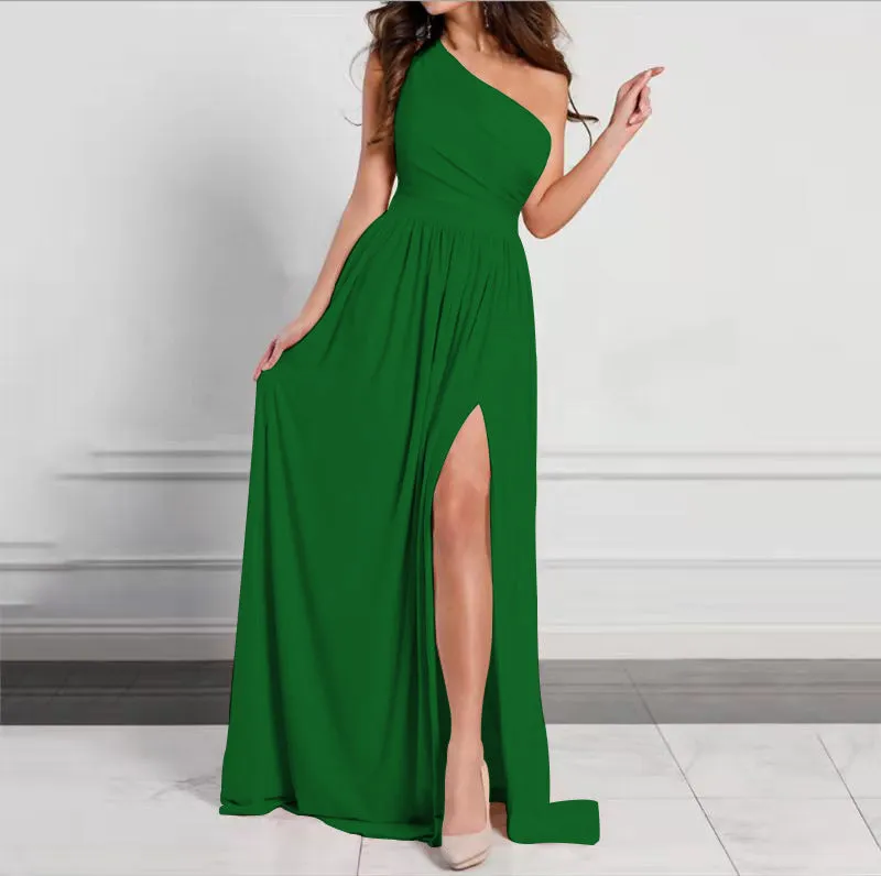 DUNNMALL  Independent Station AliExpress  New Sloping Shoulder Dress Elegance Sleeveless Sexy Split Maxi Dress Female