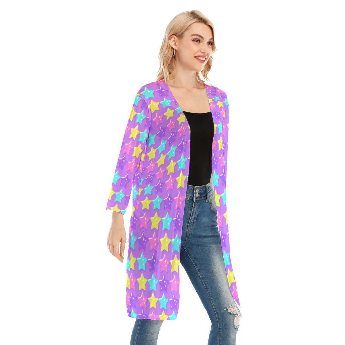 Electric Star Wave Purple V-neck Mesh Cardigan