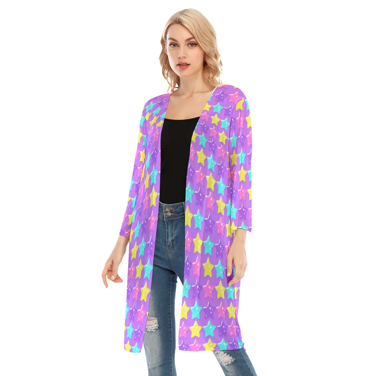 Electric Star Wave Purple V-neck Mesh Cardigan