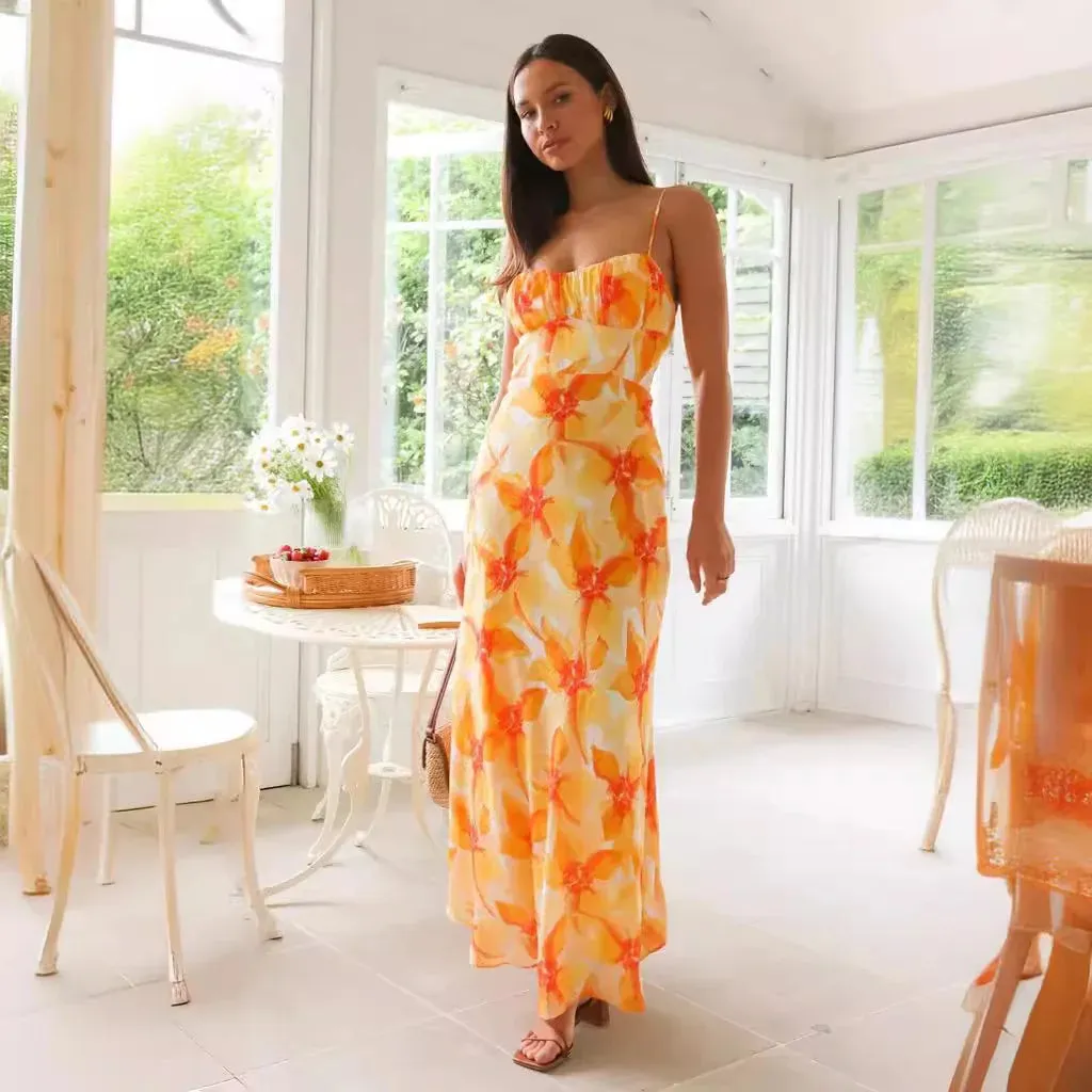 Elegant Summer Women Floral Print Midi Long Backless Maxi Dress