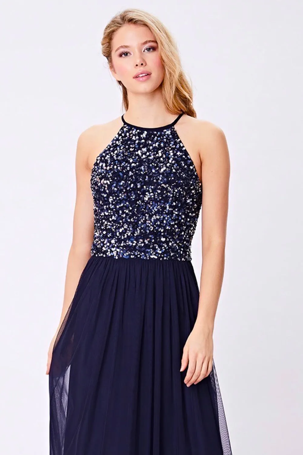 Embellished Halterneck Sequin Midi Dress in Navy