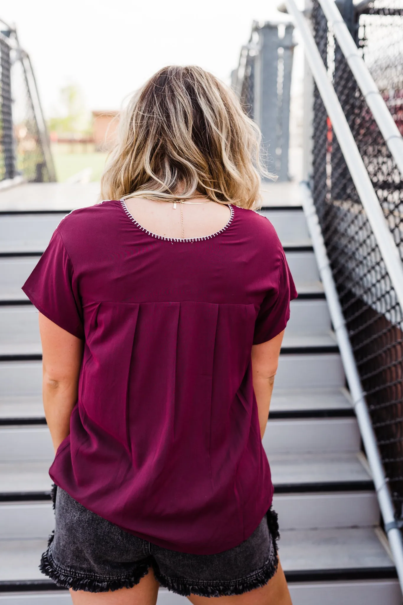 Embroidered Short Sleeve Top, Maroon