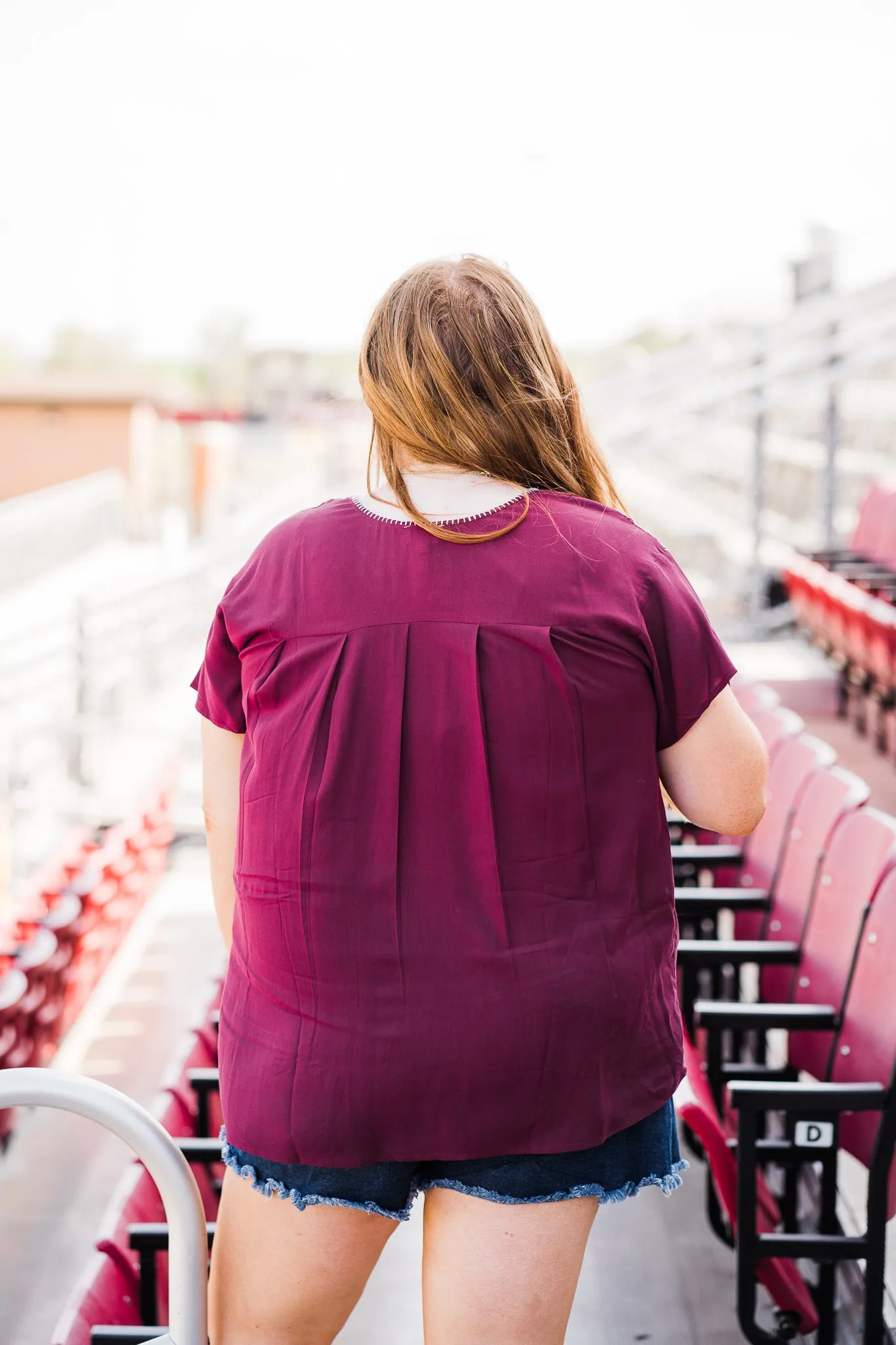 Embroidered Short Sleeve Top, Maroon