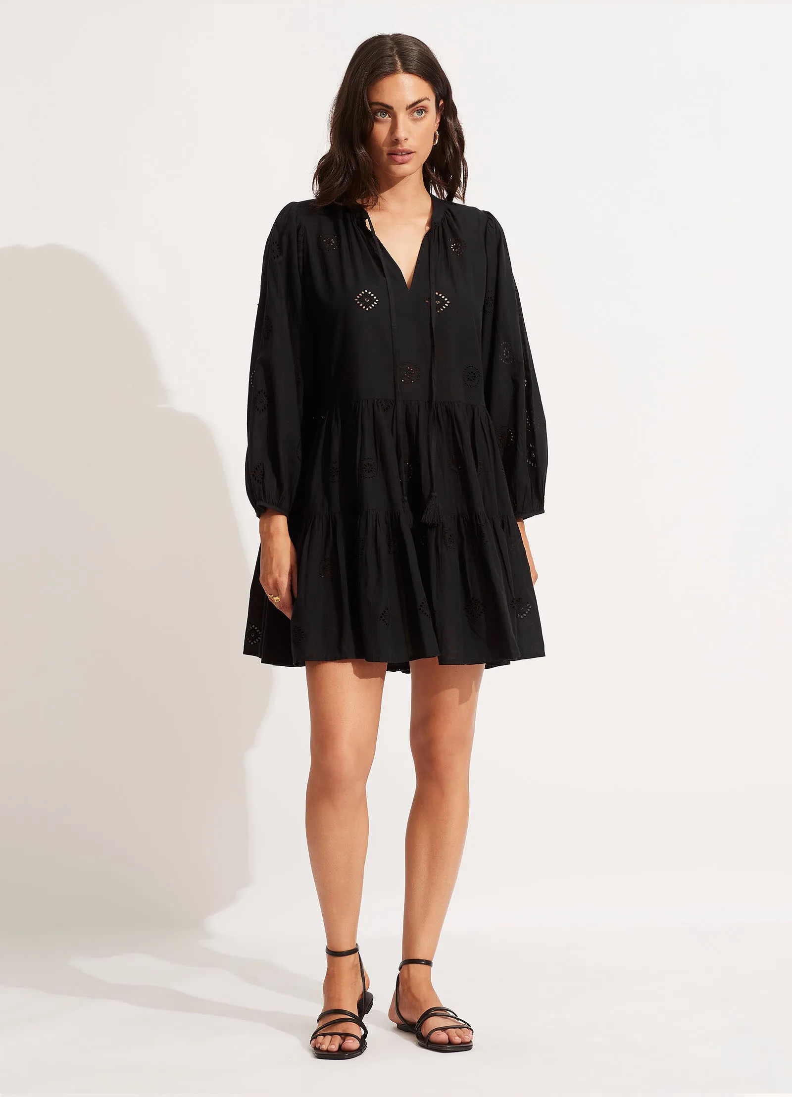 Embroidery Tiered Dress - Black