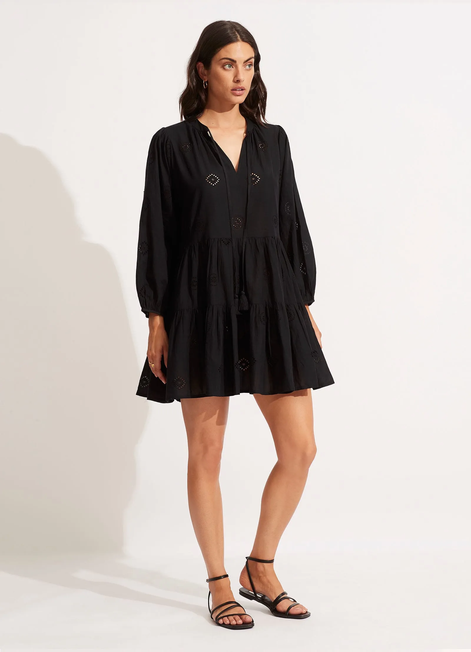 Embroidery Tiered Dress - Black