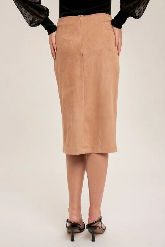 Faux Suede Wrap Slit Skirt