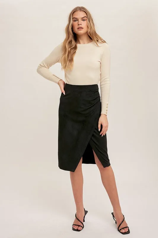 Faux Suede Wrap Slit Skirt