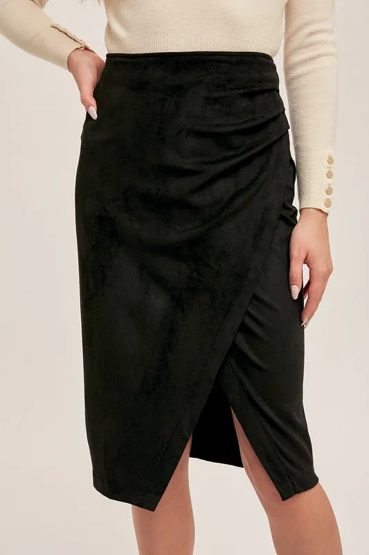 Faux Suede Wrap Slit Skirt