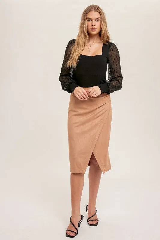 Faux Suede Wrap Slit Skirt