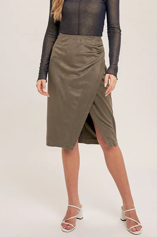 Faux Suede Wrap Slit Skirt