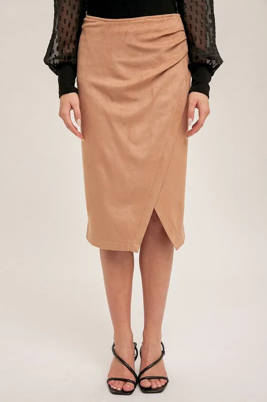 Faux Suede Wrap Slit Skirt