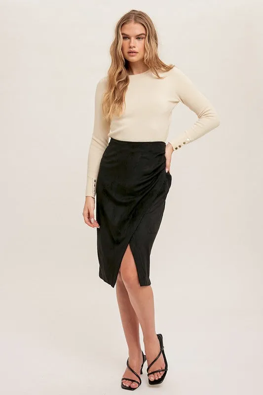 Faux Suede Wrap Slit Skirt