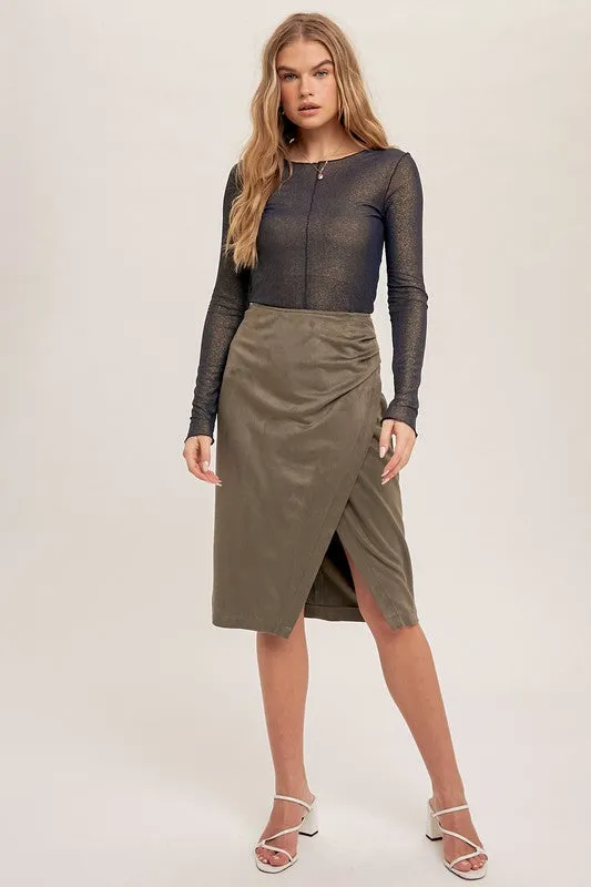 Faux Suede Wrap Slit Skirt