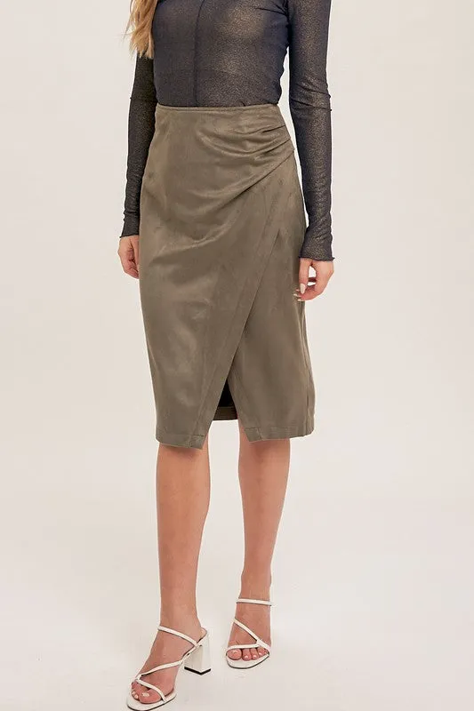 Faux Suede Wrap Slit Skirt