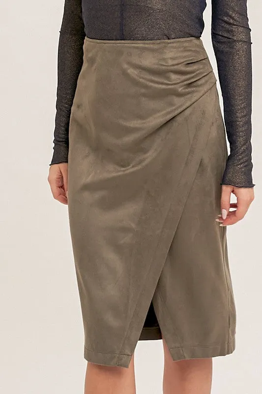 Faux Suede Wrap Slit Skirt