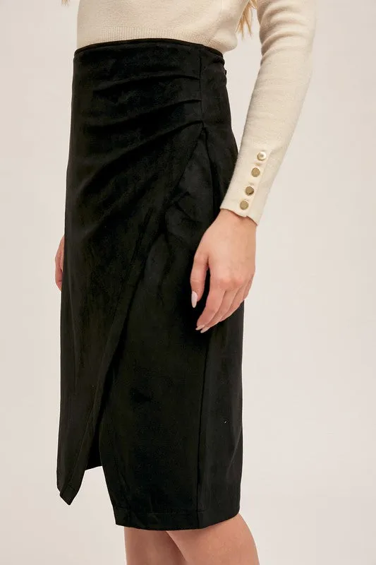 Faux Suede Wrap Slit Skirt