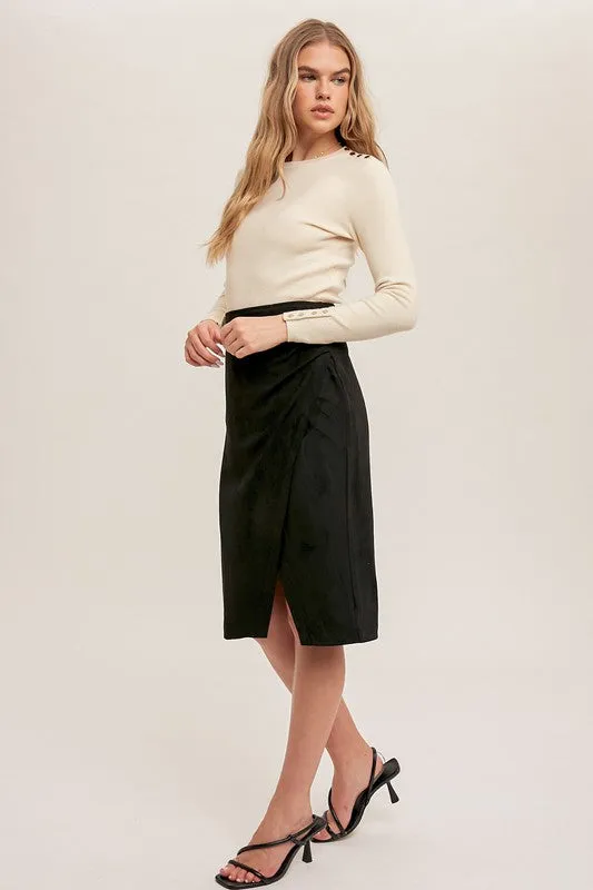 Faux Suede Wrap Slit Skirt