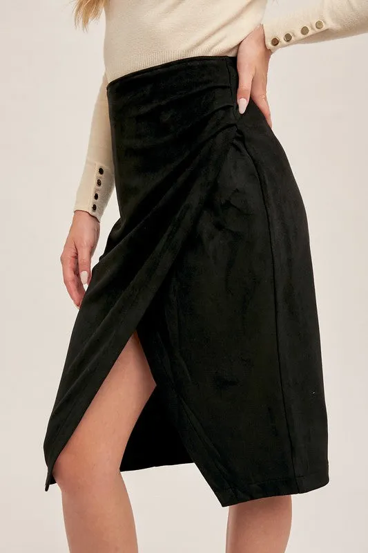 Faux Suede Wrap Slit Skirt