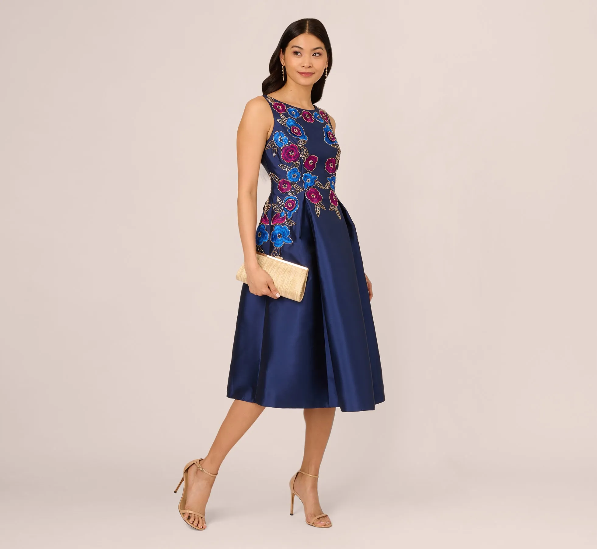 Floral Embroidered Mikado Midi Dress With Beaded Details In Light Navy