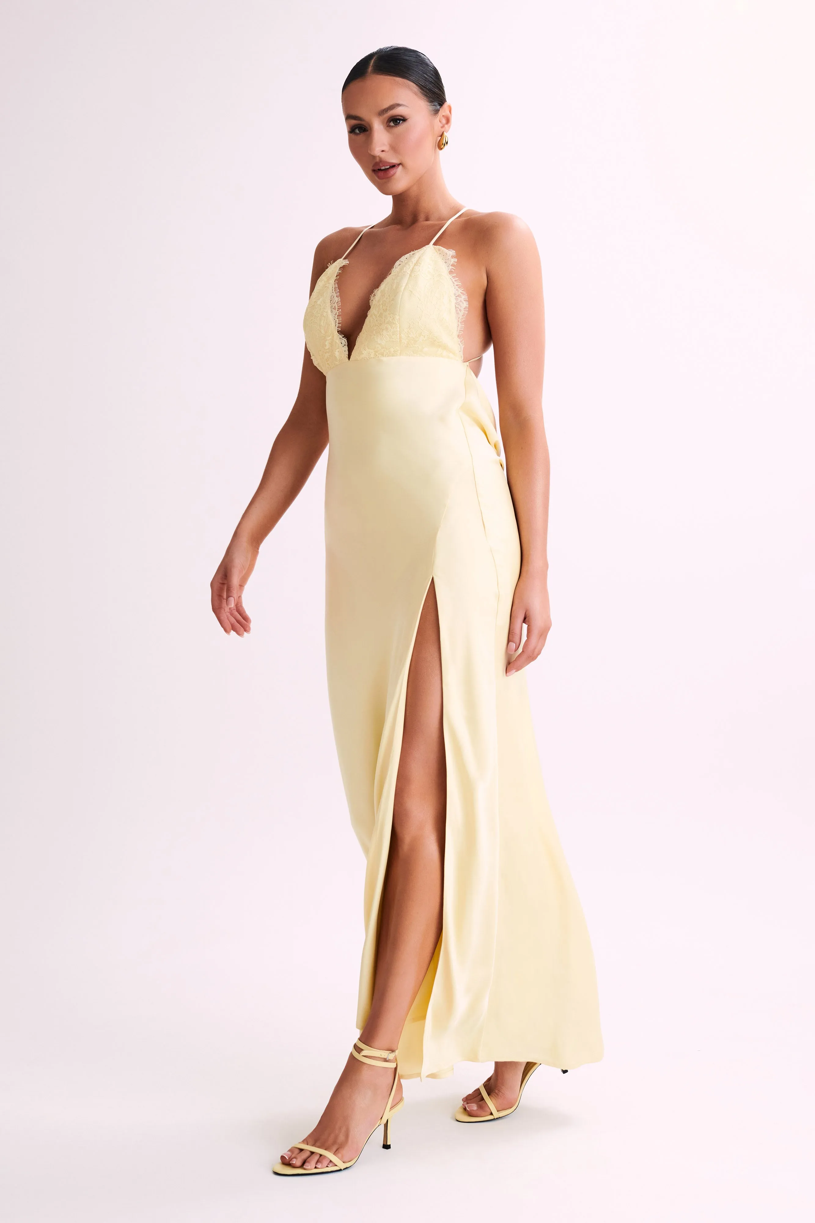 Gina Satin Slip Maxi Dress With Lace - Lemon