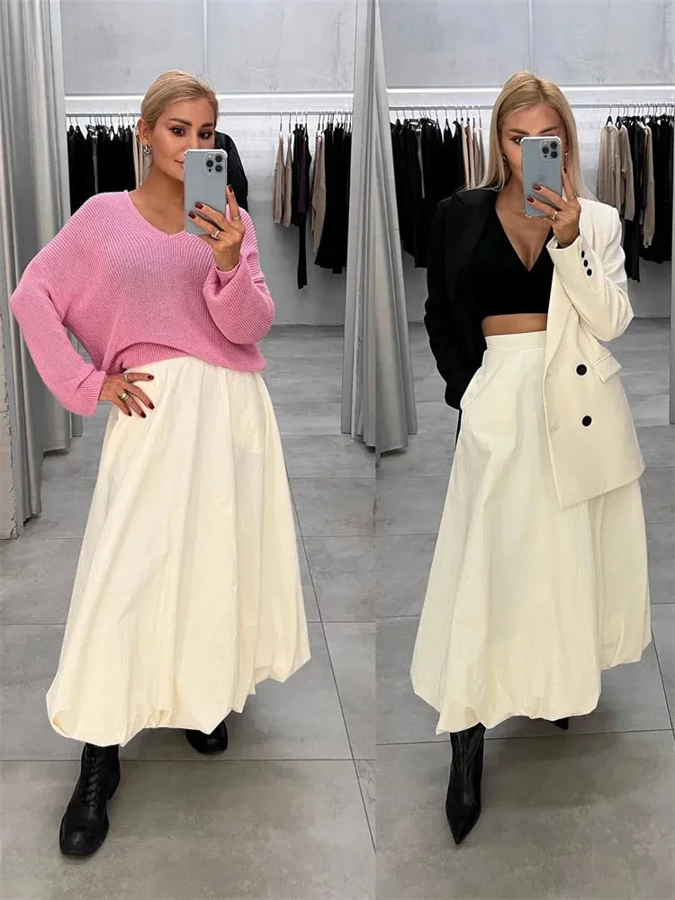 Girlary Silk Satin White Maxi Skirt Long Ruffled Pleated Skirts Elegant Lantern Pants A-Line Silk Long Skirts For Women New