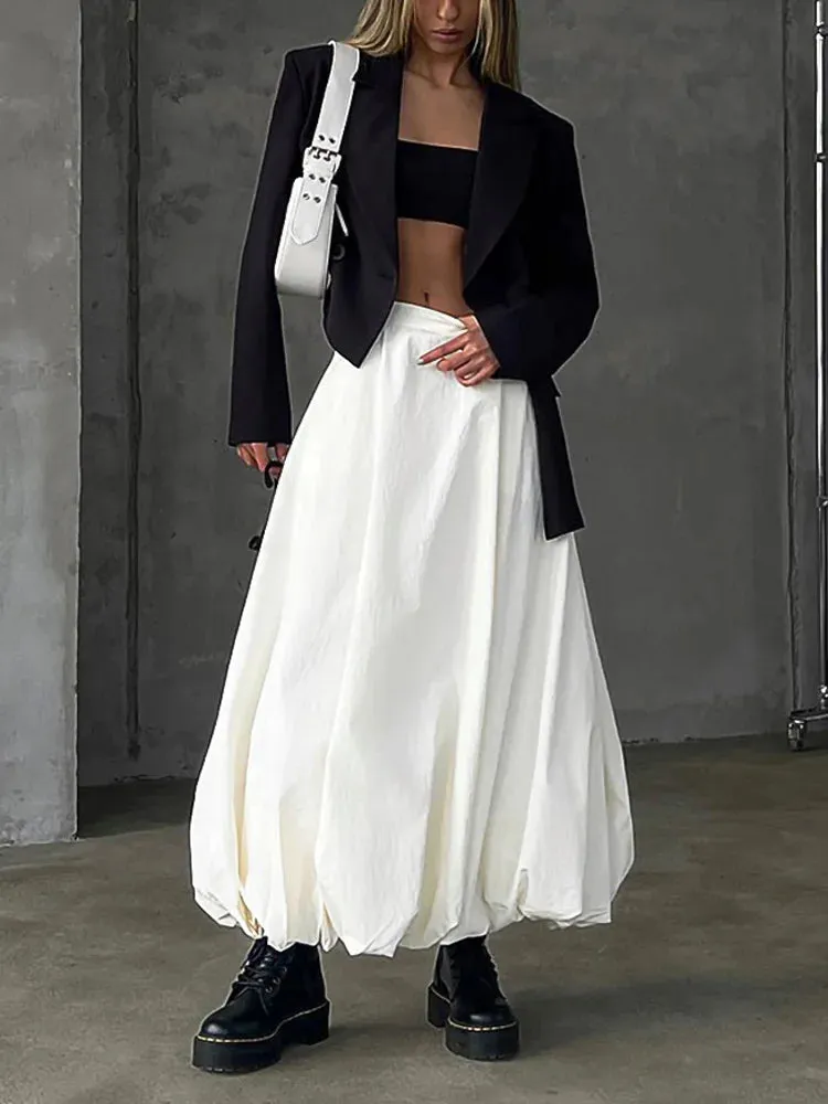 Girlary Silk Satin White Maxi Skirt Long Ruffled Pleated Skirts Elegant Lantern Pants A-Line Silk Long Skirts For Women New