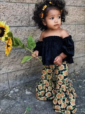 Girls Blue Velvet Off Shoulder Tunic And Sunflower Bell Bottom Pant Set